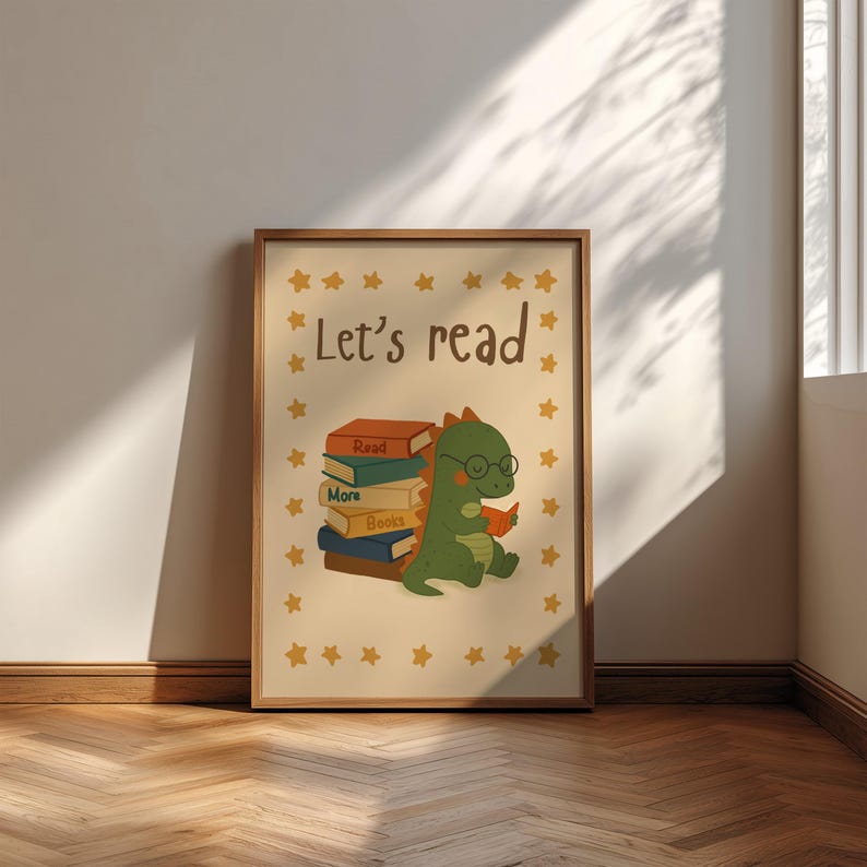 Lets Read Wall Art Printable, Kids Reading Poster, Dinosaur Nursery ...
