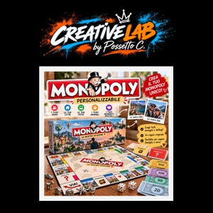 Op de afbeelding: Een aanpasbare Monopoly-bordspelset met een speldoos, een speelbord met een wereldkaartontwerp, gekleurd speelgeld, spelkaarten en metalen pionnen. De verpakking toont de tekst Monopoly Personalizzabile en La Nostra Edizione.