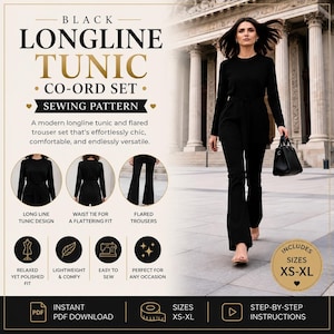 Puede incluir: Un patrón de costura para un conjunto de túnica larga y pantalón negro. La descarga digital en PDF incluye tallas XS-XL, instrucciones paso a paso, una túnica de manga larga con lazo en la cintura y pantalones acampanados.