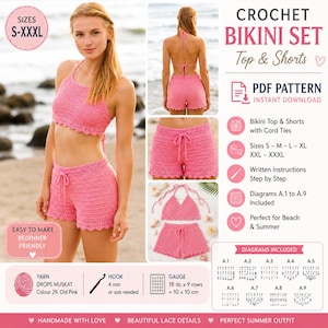 May include: A pink crochet bikini set consisting of a halter top with cord ties and matching shorts with a scalloped hem. The set includes a PDF pattern with written instructions, diagrams A.1 to A.9, and a gauge of 18 dc x 9 rows = 10 x 10 cm.