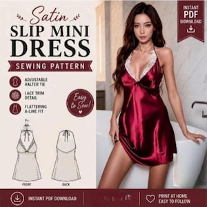 Op de afbeelding: Een digitaal naaipatroon voor een satijnen mini-slipdress met verstelbare halterstrik, witte kanten afwerking en een A-lijn pasvorm. Het document bevat technische schetsen van de voor- en achterkant, tekstlabels en een directe PDF-download.