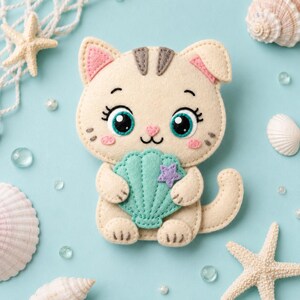 May include: A beige felt cat ornament featuring large teal eyes, pink cheeks, and a small heart-shaped nose. The cat holds a mint green seashell decorated with a small purple star. The design includes stitched details on the ears and paws.