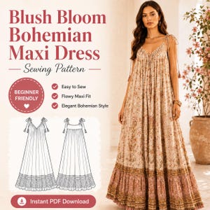 以下が含まれることがあります： Blush Bloom Bohemian Maxi Dressのソーイングパターン。画像には、花柄のロングドレスを着た女性が写っています。パターンには、「Easy to Sew」、「Flowy Maxi Fit」、「Elegant Bohemian Style」と書かれた図とテキストが含まれています。