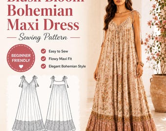 Patrón de costura en PDF para vestido maxi bohemio Blush Bloom, patrón de vestido fluido estilo cottagecore, descarga digital para vestido maxi bohemio