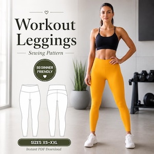 May include: A sewing pattern for workout leggings featuring text that reads Workout Leggings Sewing Pattern, Beginner Friendly, and Sizes XS-XXL. The graphic includes a line drawing of the front and back of the leggings in white on a light background.