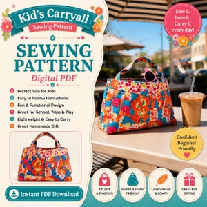 Kid's Carryall Tote Bag Sewing Pattern, Patchwork Half Square Triangle Design (PDF Download)