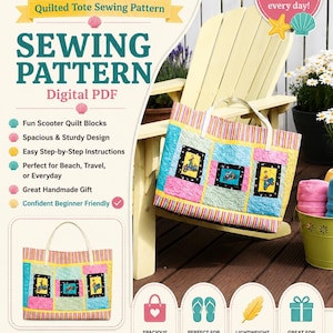 May include: A digital PDF sewing pattern titled Shore Thing for a quilted tote bag. The pattern features instructions for a bag with scooter quilt blocks, striped trim, and white handles. The cover displays the finished tote and icons.