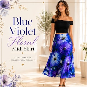 Patrón de costura en PDF para falda midi floral azul violeta, falda fluida cortada al bies con cintura elástica, tallas para mujer 0/2–28/30
