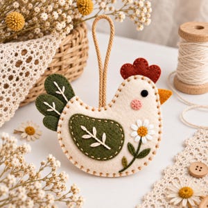 May include: A cream-colored felt chicken ornament featuring a red comb, a yellow beak, and a dark green wing with white leaf embroidery. The body is decorated with a white daisy flower and has a tan hanging loop attached to the top edge.