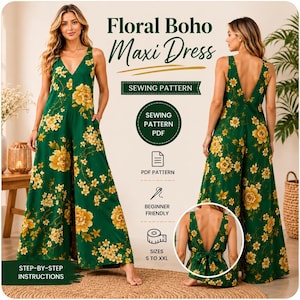 Schnittmuster für ein geblümtes Boho-Maxikleid, Schnittmuster für ein Maxikleid mit V-Ausschnitt, PDF-Schnittmuster für einen geblümten Jumpsuit mit weitem Bein, Damengrößen 00-32