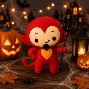 May include: A red felt devil doll featuring black horns, a black goatee, and a yellow heart patch on its chest. The doll has a smiling expression with black eyes and holds a black plastic trident in one hand, with a pointed tail extending behind.