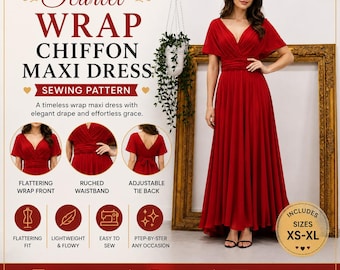 Wrap Maxi Dress Sewing Pattern PDF, Red Chiffon Formal Gown Template, Wedding Guest Dress Pattern, Instant Downloa