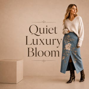 Può includere: Una gonna lunga blu con uno spacco frontale e dettagliati ricami floreali nei toni del crema e del marrone, abbinata a un maglione color crema con scollo a V e stivali in pelle marrone scuro. Il testo Quiet Luxury Bloom è in lettere marroni.