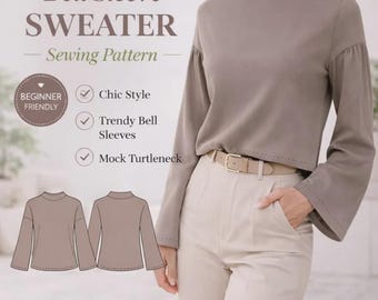 Molde em PDF para suéter com manga sino | Molde para blusa gola alta falsa | Suéter feminino de manga comprida