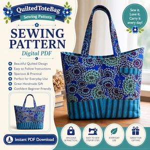 May include: A digital PDF sewing pattern for a quilted tote bag. The pattern features text including QuiltedToteBag, Sewing Pattern, Digital PDF, and Instant PDF Download. The bag has a blue floral print upper and a blue striped lower section.