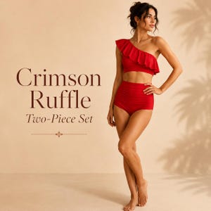 May include: A crimson two-piece swimsuit featuring a one-shoulder top with a large ruffle detail and high-waisted bottoms. The text "Crimson Ruffle Two-Piece Set" is displayed to the left of the garment. The set is a solid, vibrant red color.