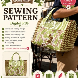 Large Patchwork Tote Bag Sewing Pattern, Quilted Handbag Tutorial (Digital PDF)