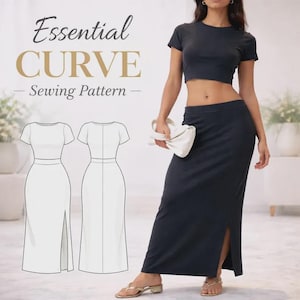 Pode incluir: Um conjunto preto de duas peças composto por um top curto de manga curta e uma saia comprida de cintura subida com uma racha lateral. A imagem inclui o texto Essential CURVE Sewing Pattern e desenhos técnicos do design do vestido.