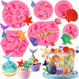 6 Pcs Ocean Animal Silicone Mold Set, Sea Turtle Fish Shell Starfish Seahorse Tail Shapes for Cake, Candy, Resin & Clay DIY
