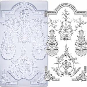 May include: White decorative molds featuring ornate floral and scroll designs. The image shows a variety of molds, including corner pieces, frames, and central motifs, perfect for crafting and home decor projects.