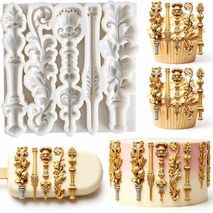 May include: A white silicone mold featuring five distinct vertical relief patterns with ornate scrollwork and architectural column designs. The image also displays examples of these shapes cast in gold, applied to cupcakes, a popsicle, and a cake.