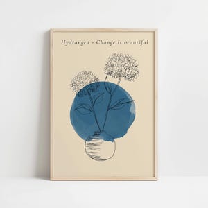 Puede incluir: Una impresión artística enmarcada con una ilustración minimalista de hortensias en un jarrón, sobre un círculo azul en un fondo beige. El texto "Hydrangea - Change is beautiful" está impreso en la parte superior. La obra está en un marco de madera.