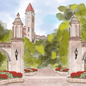 May include: Watercolor illustration of a university campus entrance. The image features stone archways, a tall clock tower with a red roof, and lush greenery. Red flowers line the pathway leading towards the tower under a cloudy sky.