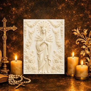 Può includere: Una placca rettangolare in rilievo bianco raffigurante la figura centrale della Vergine Maria con corona e un cuore trafitto da spade, circondata da intagli floreali dettagliati, affiancata da un crocifisso dorato e due candele accese.