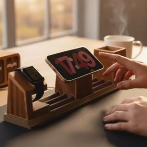 Op de afbeelding: Een bruin houten oplaadstation met een telefoon waarop de tijd 7:49 wordt weergegeven. Een zwarte smartwatch staat links en een hand reikt naar de telefoon. Een witte mok en een houten blok staan op de achtergrond.
