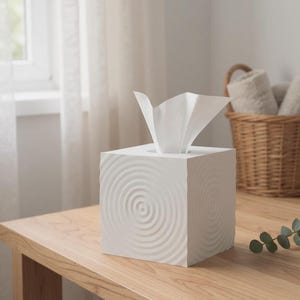 Könnte beinhalten: Eine weiße Taschentuchbox mit konzentrischem Kreismuster auf einem Holztisch. Weiße Taschentücher ragen aus der Oberseite heraus. Ein Weidenkorb mit gerollten Handtüchern befindet sich im Hintergrund. Der Raum hat eine neutrale Farbpalette.