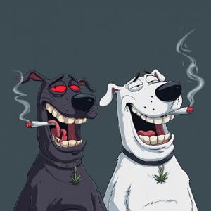 Stoner Puppies Love 420 PNG | Two Dogs Smoking Pot | Weed Smoking Pets Laughing | White Pit Bull Photography | Podcast Wall Art | Not A.I.