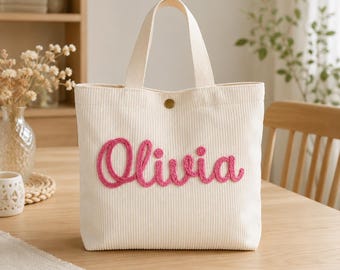 Embroidered Corduroy Tote,Custom Name Handbag as Baby Shower Gifts,Children's name handbags,Traveling Handbag Purse With Name,Monogram Bag