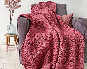 Comfortable chevron blanket - warm pink crochet afghan throw, cozy throw blanket