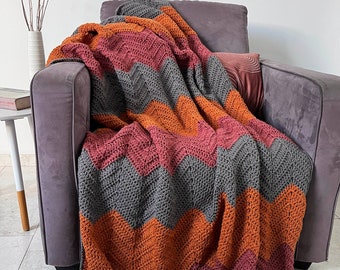 Chevron blanket - Warm pink orange gray crochet afghan throw