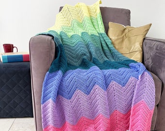 Color gradient chevron blanket - rainbow crochet afghan throw