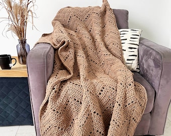 Couverture à chevrons au crochet de couleur sable neutre - jeté de décoration naturel, couverture confortable