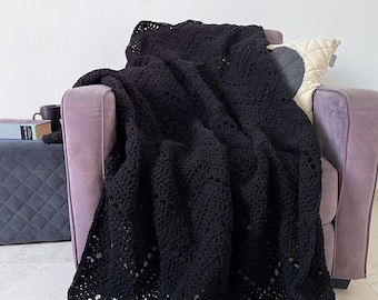 Black blanket - all black crochet afghan throw, chevron throw blanket