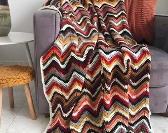 Chevron blanket - Unique boho fall autumn multi color crochet afghan throw