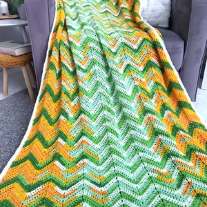 Chevron blanket orange green ombre ripple crochet afghan throw image 3