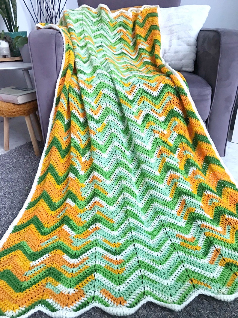 Chevron blanket orange green ombre ripple crochet afghan throw image 3