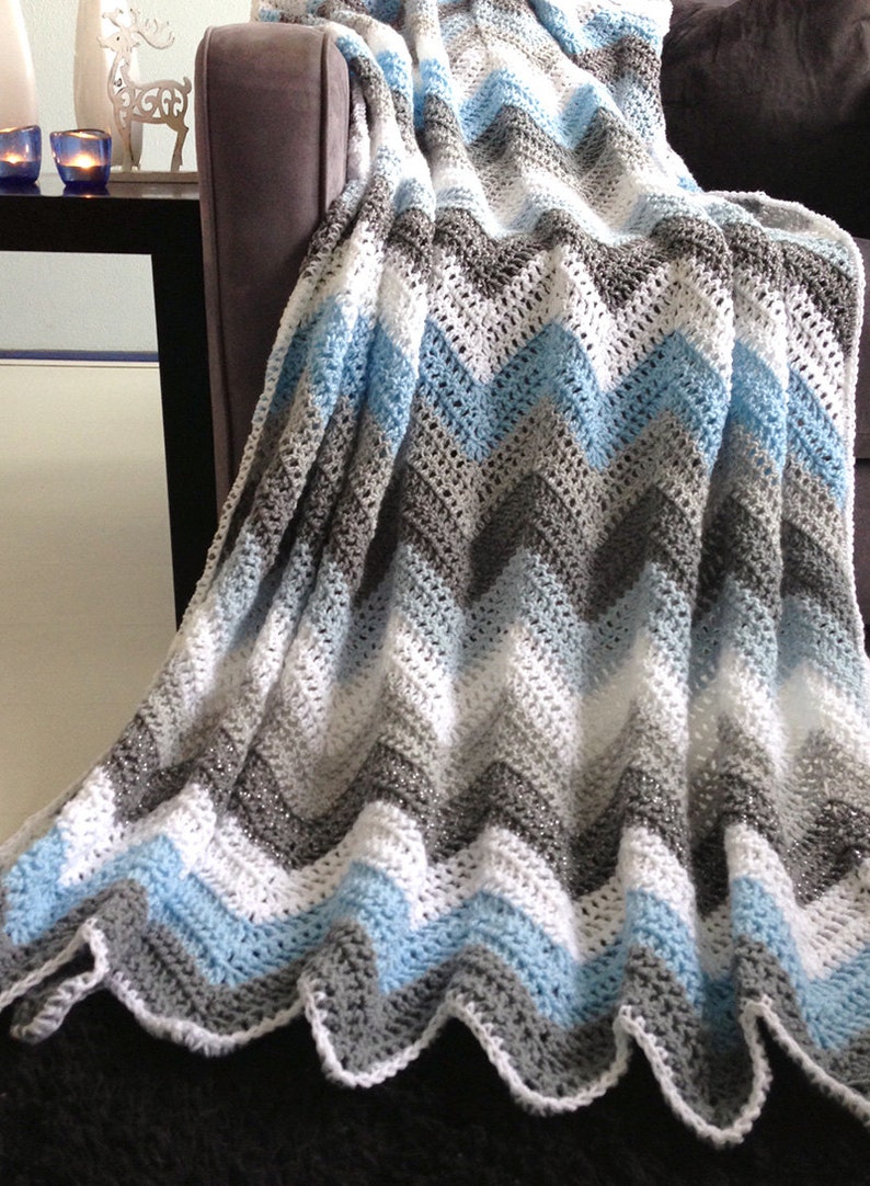 Crochet afghan Blue gray sparkle winter afghan crochet chevron throw image 2