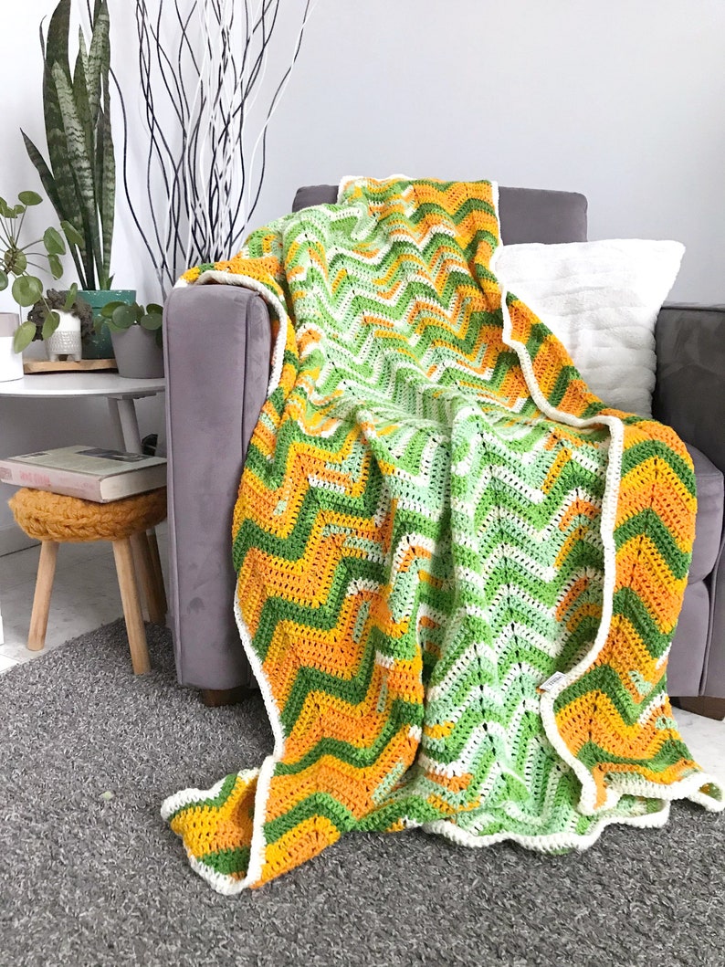 Chevron blanket orange green ombre ripple crochet afghan throw image 1