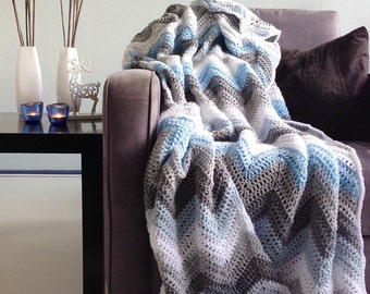 Crochet afghan - Blue gray sparkle winter - afghan crochet chevron throw