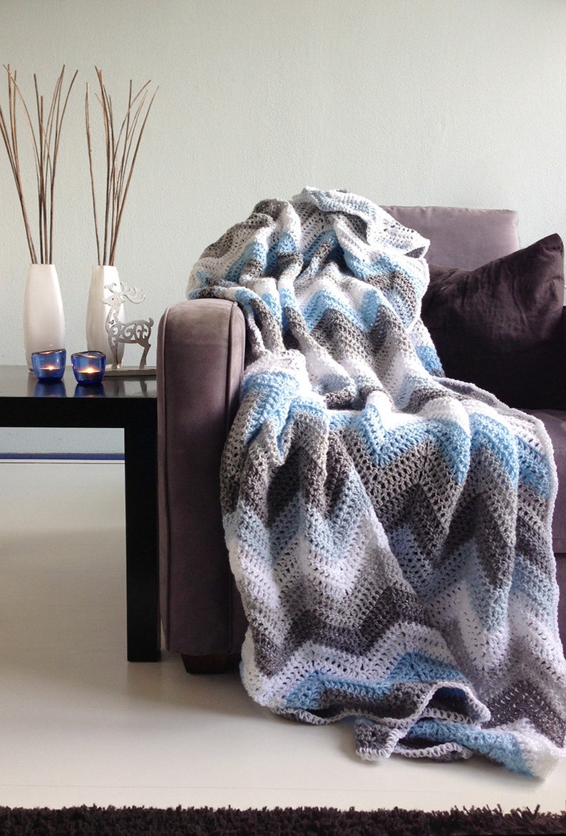 Crochet afghan Blue gray sparkle winter afghan crochet chevron throw image 1