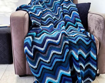 Blue blanket - Unique blue chevron ripple crochet afghan throw