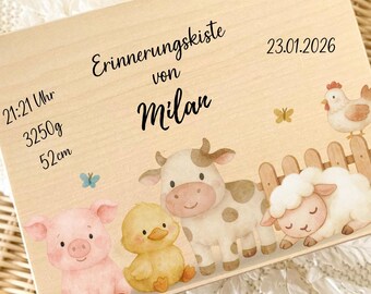Personalisierte Erinnerungskiste mit Name, Geschenk zur Geburt, Taufgeschenk, Erinnerungsbox,Babygeschenk Mädchen Junge,Memorybox,Bauernhof