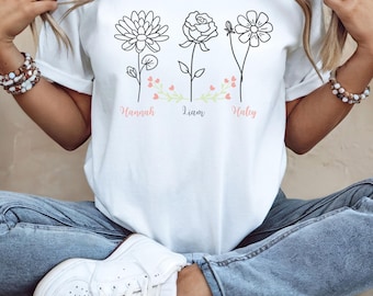 T-Shirt mit Geburtsblumen und Namen,personalisiert,Kindernamen,Muttertaggeschenk,Geburtstag,invidiuell Gestaltbar