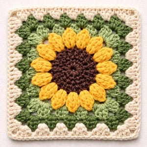 May include: A square, crocheted sunflower design. The center is dark brown, surrounded by yellow petals. Green leaves and a cream-colored border complete the design. The crochet work is detailed and textured.