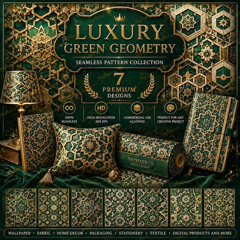 Luxury Green Islamic Geometry Seamless Patterns – Emerald Gold Digital ...