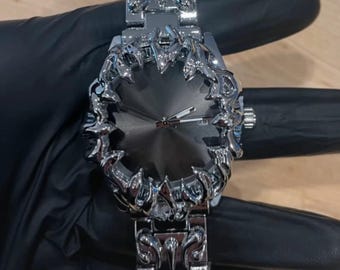 Reloj de metal gótico Y2K, reloj futurista estilo Spike Opium, reloj con estética alienígena grunge, accesorio de joyería punk oscura Opium, para él
